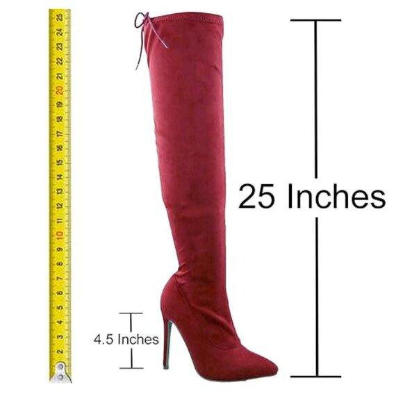 Statement Style Pointed Toe Thigh-High Silhouette Wine Red Stiletto Suede Boots - Picture 4 of 7